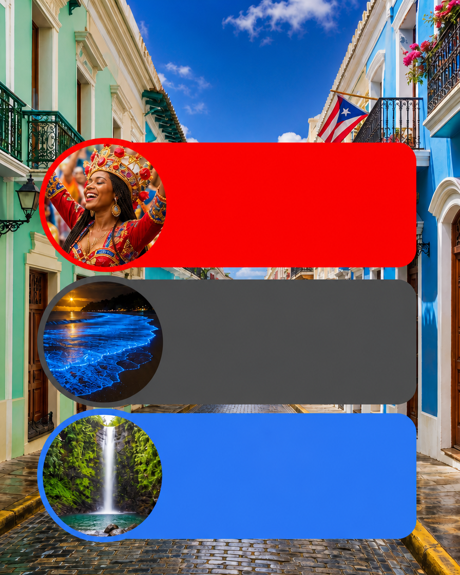 Colorful Puerto Rican street scene with three stacked travel highlight panels showing Three Kings Festival, Vieques bioluminescent bay, and El Yunque waterfall photos.